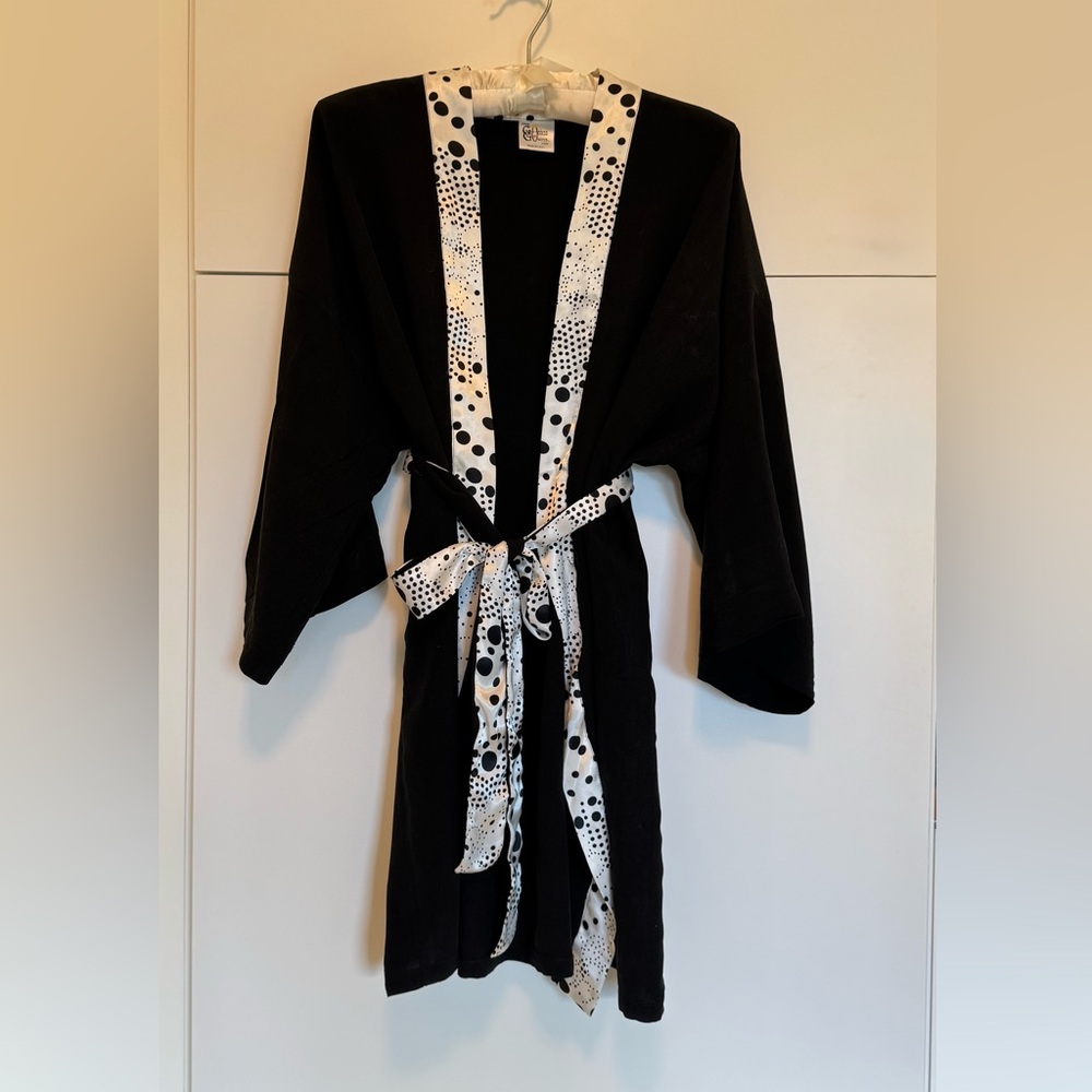 Black Kimono Travel Robe with Bag, Polka Dot Trim and Tie
